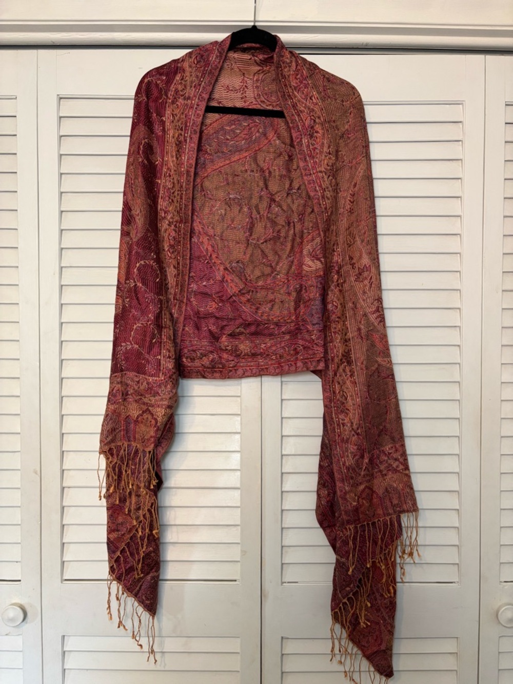 Paisley Pashmina Scarf Shawl Burgundy Gold Jamawar Fringe Wrap 28x72